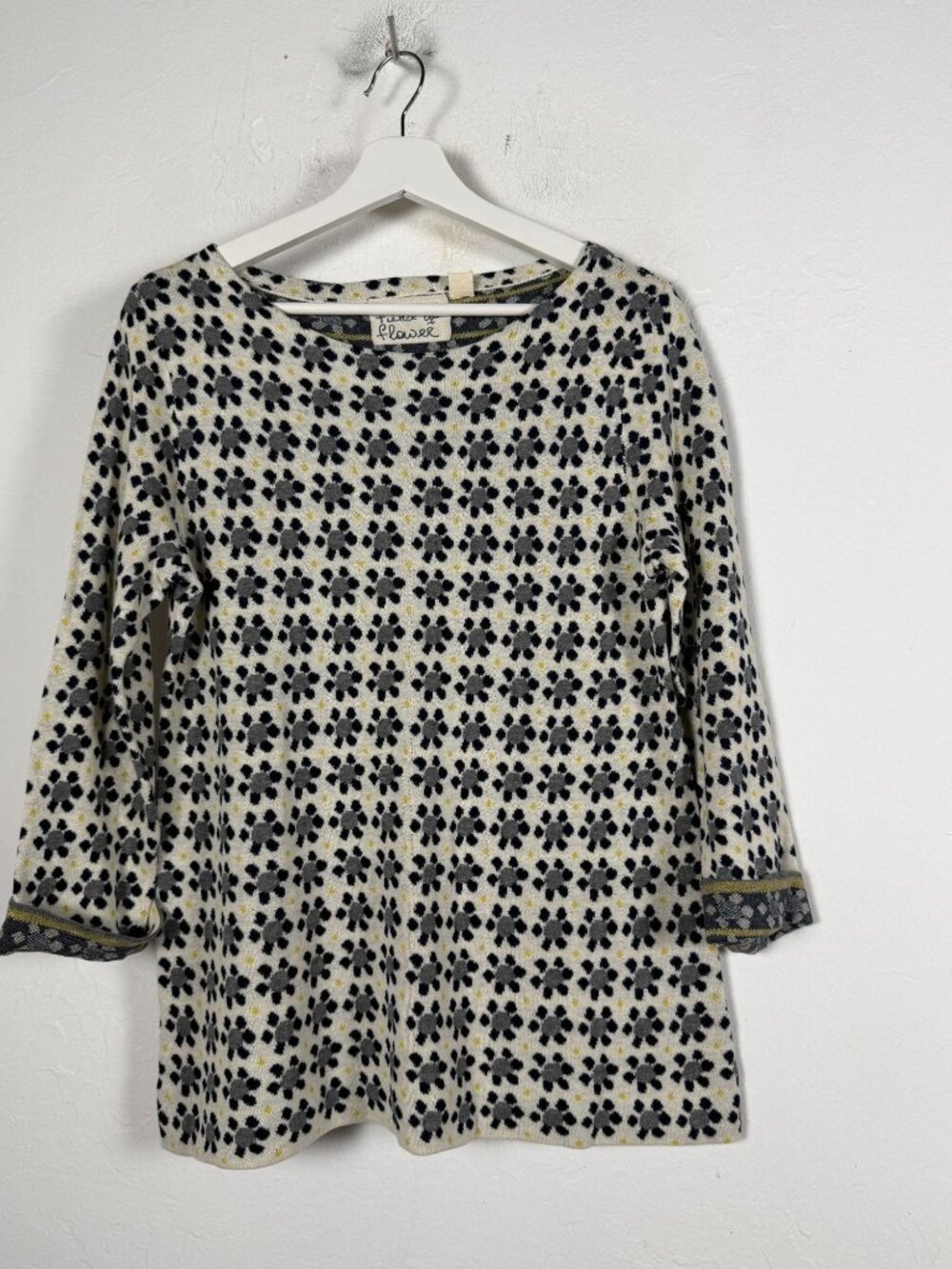 Field Flower Womens Ivory Navy Floral Print Cotton Knit Top Large 3/4 Sleeve